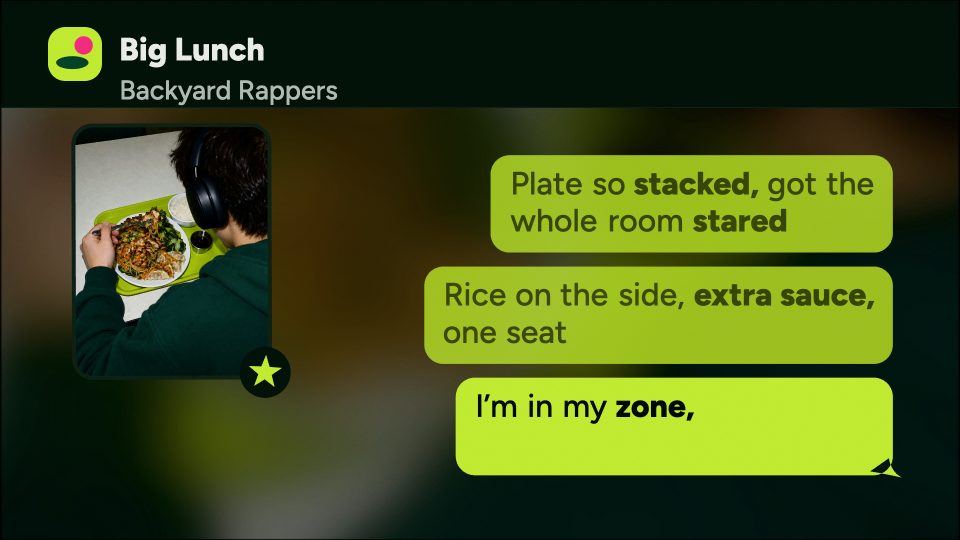 Lyrics arriving as green message bubbles in a group chat, with a photo