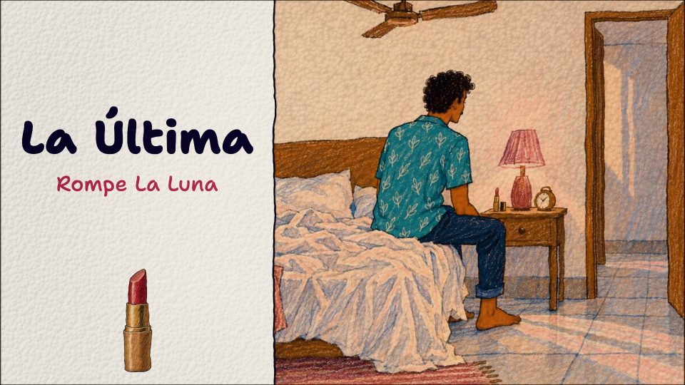 A crayon drawing of a man sitting on an unmade bed by a lamp at night, beside the title “La Última”