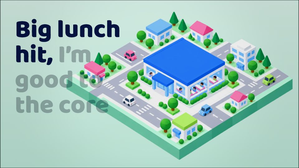 A tiny isometric town of toy buildings beside the lyrics