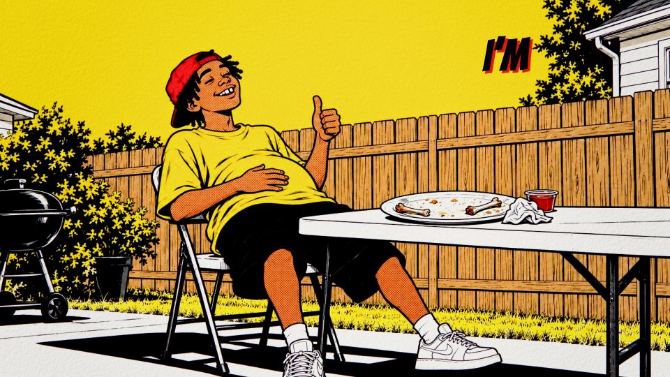 A comic-book drawing of a man leaning back, satisfied, after a backyard lunch
