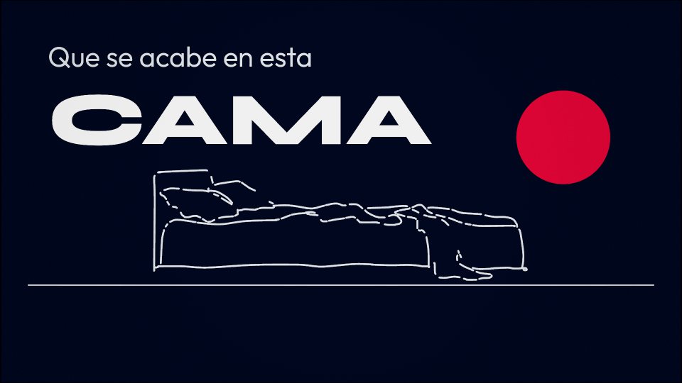 A one-line drawing of a bed under the lyric “Que se acabe en esta cama”