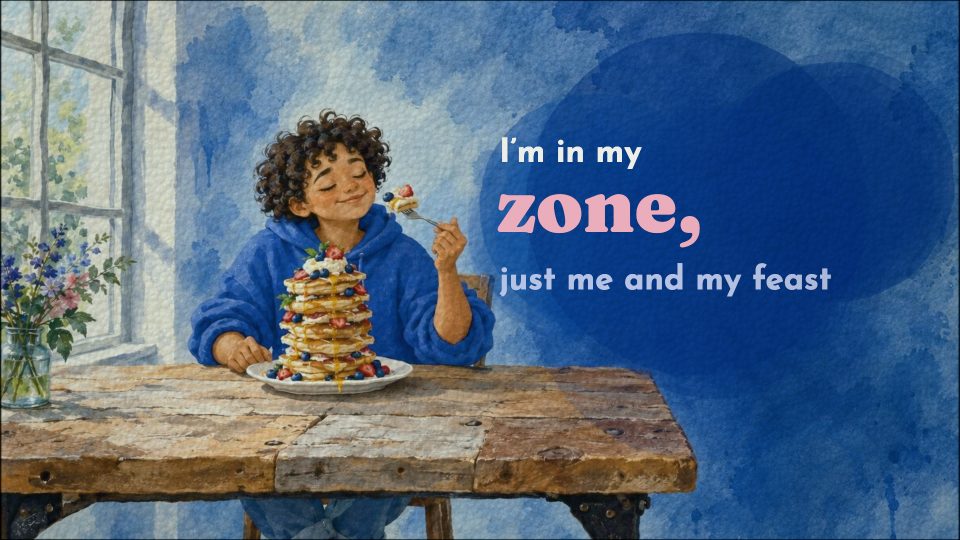 A watercolour boy with a stack of pancakes by a window, beside the lyrics