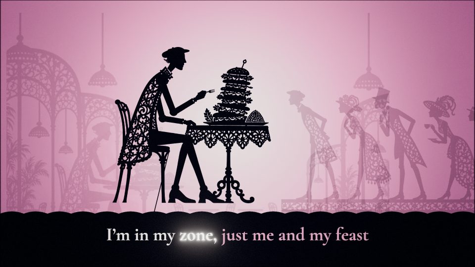 The silhouette of a diner at a café table against glowing pink light